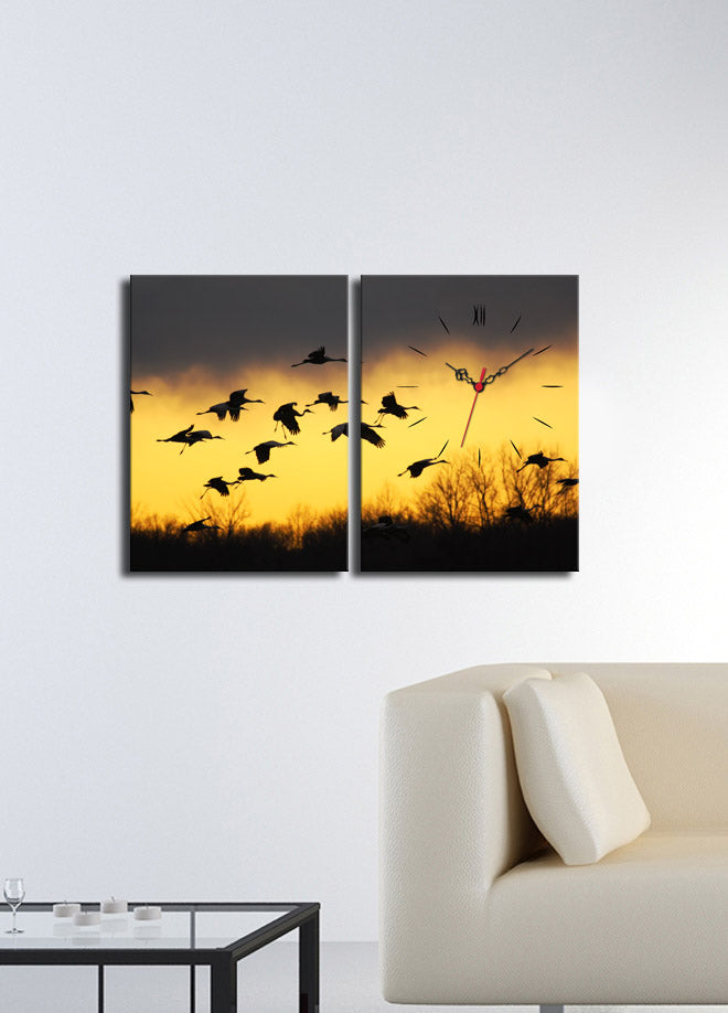 Relógio de Parede em Tela Decorativa (2 Peças) Multicolor 30x40 cm — Total 64x40 — Suede 100% — Moldura de Madeira 3 cm | 2P3040CS-98