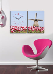 Relógio de Parede em Tela Decorativa (2 Peças) Multicolor 30x40 cm cada, Total 64x40 cm, Tela Suede 100%, Moldura de Madeira 3 cm – 2P3040CS-120