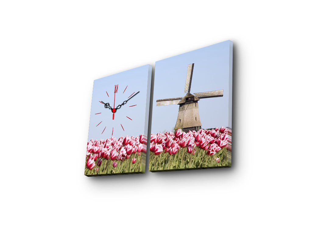 Relógio de Parede em Tela Decorativa (2 Peças) Multicolor 30x40 cm cada, Total 64x40 cm, Tela Suede 100%, Moldura de Madeira 3 cm – 2P3040CS-120