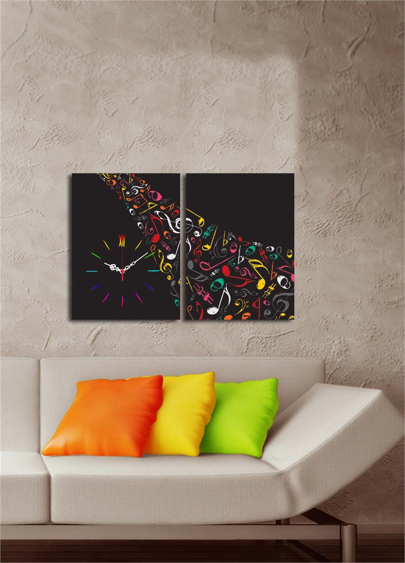 Relógio de Parede em Tela Decorativa (2 Peças) 2P3040CS-121, Multicolor – Suede 100%, Moldura de Madeira 3 cm, 30x40 cm cada (Total 64x40 cm)