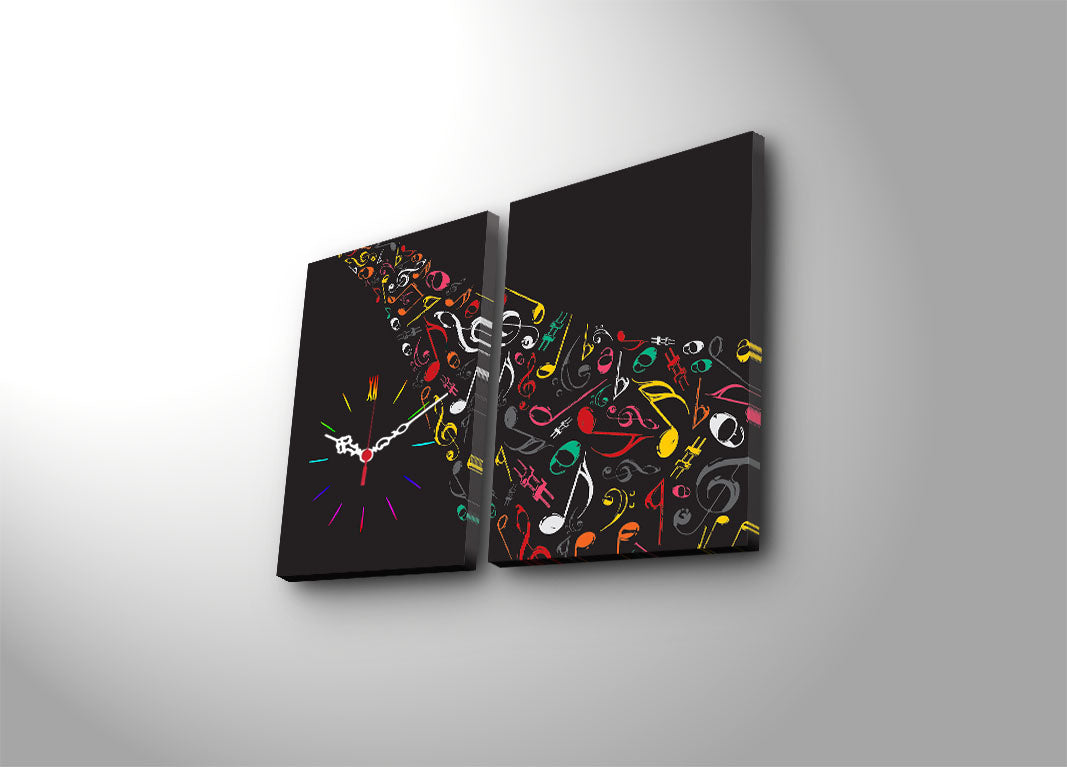 Relógio de Parede em Tela Decorativa (2 Peças) 2P3040CS-121, Multicolor – Suede 100%, Moldura de Madeira 3 cm, 30x40 cm cada (Total 64x40 cm)