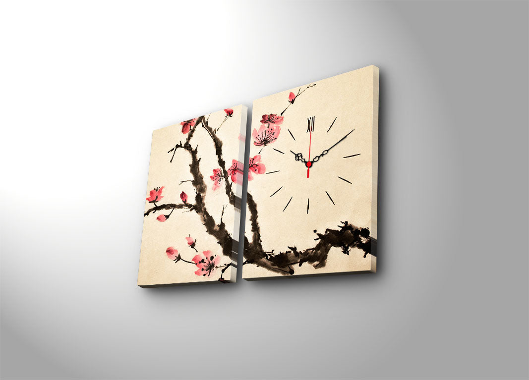 Relógio de Parede em Tela Decorativa Multicolor (2 Peças) 30x40 cm cada, Total 64x40 cm, Suede Canvas, Moldura de Madeira 3 cm – 2P3040CS-126