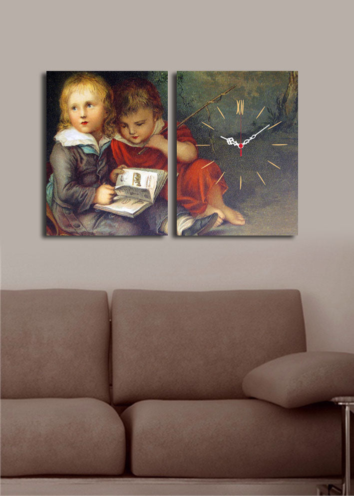 Relógio de Parede Decorativo em Tela Suede – Conjunto 2 Peças, Multicolor, 30x40 cm (cada), Total 64x40 cm, Moldura de Madeira 3 cm