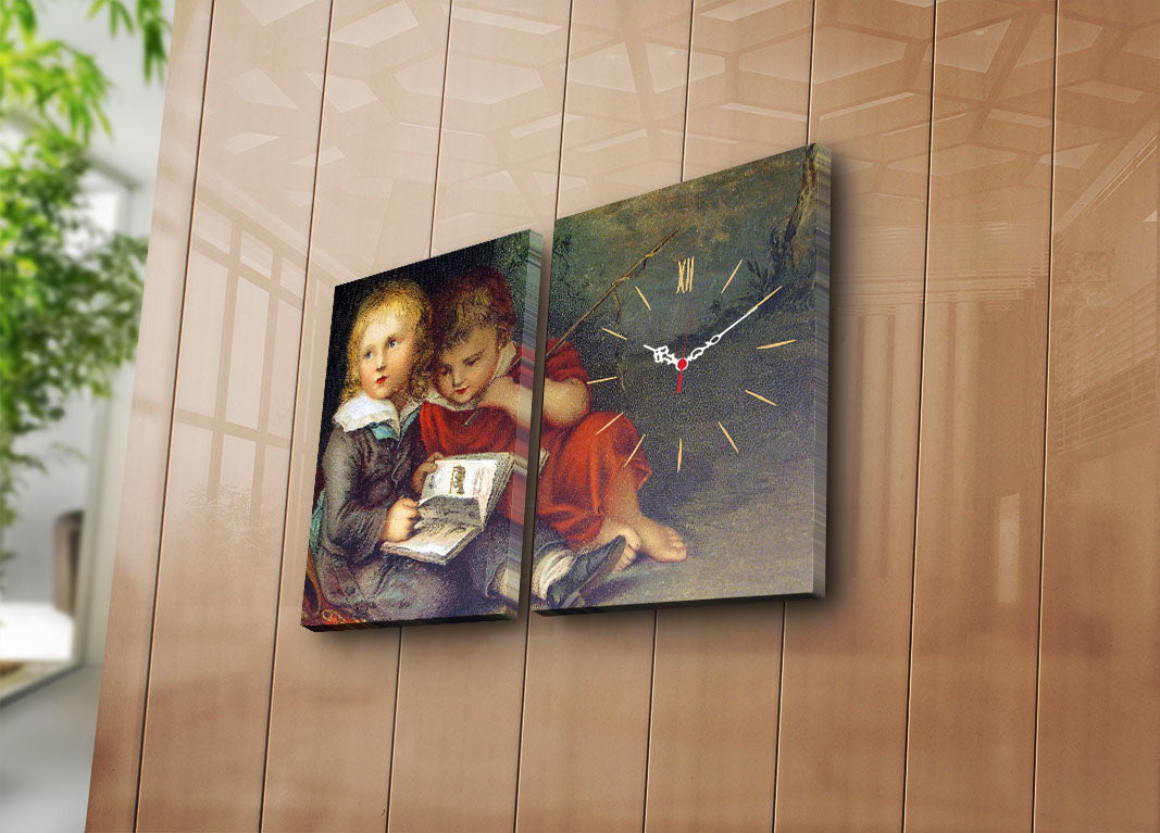 Relógio de Parede Decorativo em Tela Suede – Conjunto 2 Peças, Multicolor, 30x40 cm (cada), Total 64x40 cm, Moldura de Madeira 3 cm