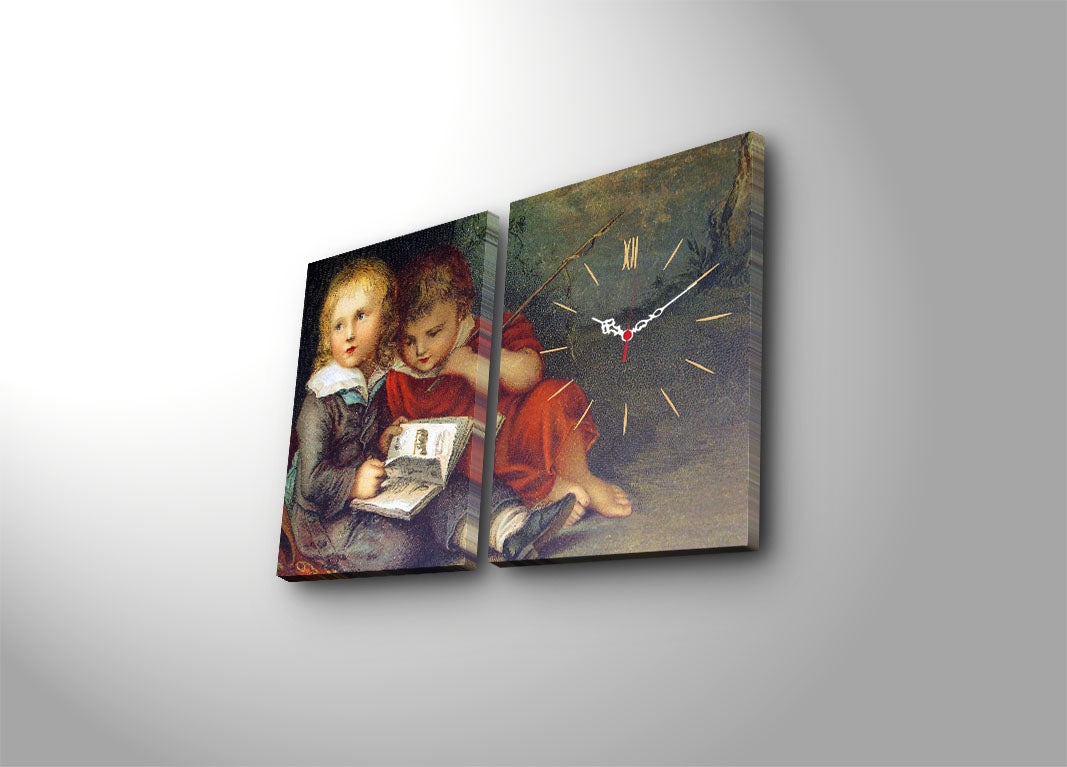 Relógio de Parede Decorativo em Tela Suede – Conjunto 2 Peças, Multicolor, 30x40 cm (cada), Total 64x40 cm, Moldura de Madeira 3 cm