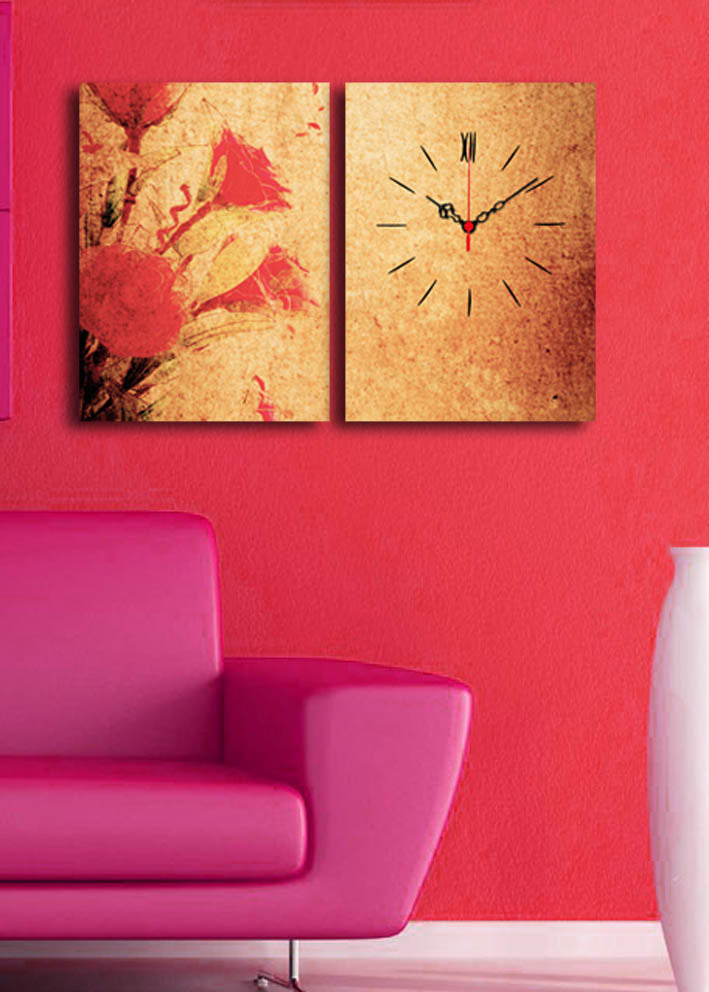 Relógio de Parede em Tela Decorativa (Conjunto 2 Peças) Multicolor, 30x40 cm cada (Total 64x40), Canvas tipo camurça 100% com Moldura de Madeira 3 cm