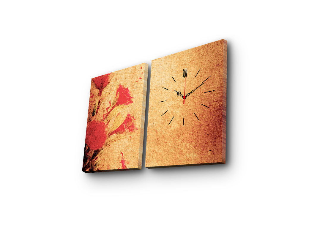 Relógio de Parede em Tela Decorativa (Conjunto 2 Peças) Multicolor, 30x40 cm cada (Total 64x40), Canvas tipo camurça 100% com Moldura de Madeira 3 cm