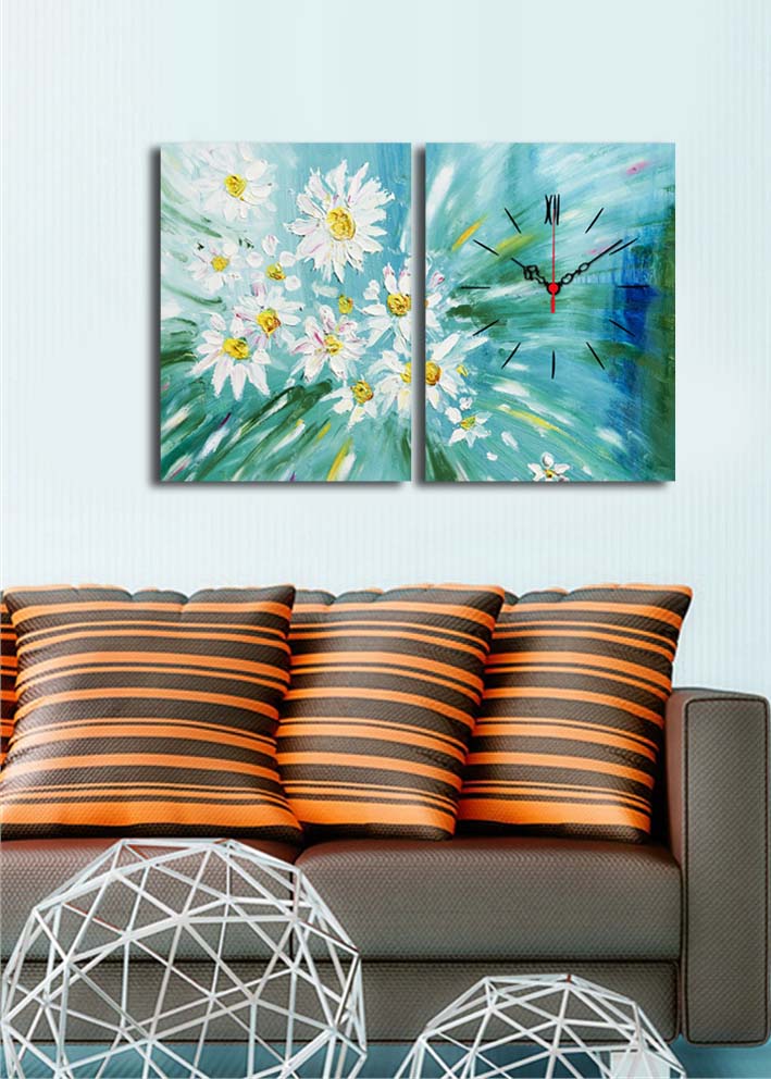 Relógio de Parede em Tela Decorativa Multicolor – Conjunto de 2 Peças 30x40 cm (Total 64x40) | Tela de Camurça 100% e Moldura de Madeira 3 cm – 2P3040CS-139