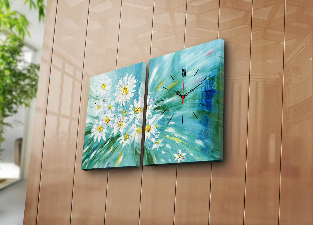 Relógio de Parede em Tela Decorativa Multicolor – Conjunto de 2 Peças 30x40 cm (Total 64x40) | Tela de Camurça 100% e Moldura de Madeira 3 cm – 2P3040CS-139