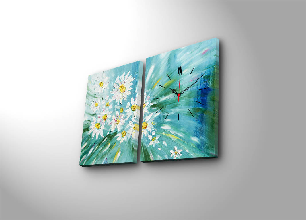 Relógio de Parede em Tela Decorativa Multicolor – Conjunto de 2 Peças 30x40 cm (Total 64x40) | Tela de Camurça 100% e Moldura de Madeira 3 cm – 2P3040CS-139