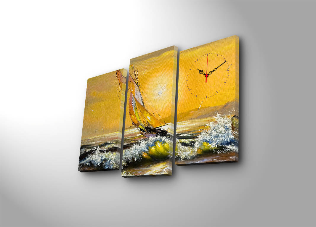 Relógio de Parede Decorativo em Tela Suede – Conjunto 3 Peças Multicolor com Moldura de Madeira, 66 x 45 cm
