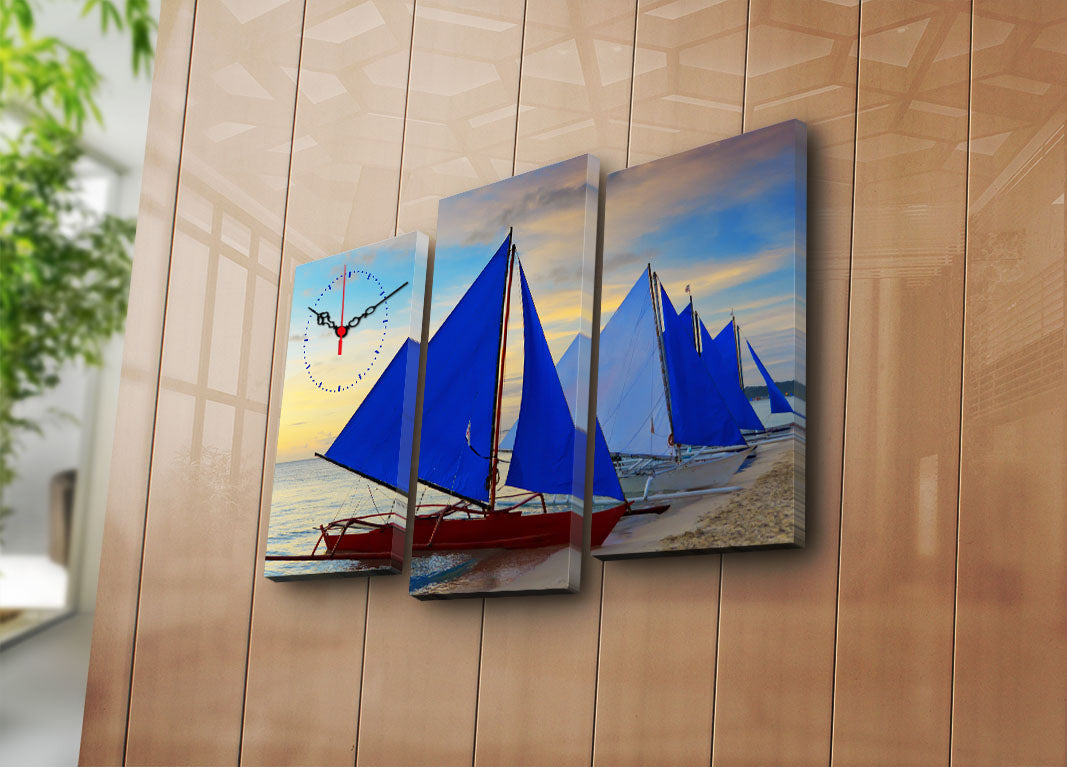 Relógio de Parede em Tela Decorativa Multicolorido – Conjunto 3 Peças, Tela de Camurça e Moldura de Madeira (66 x 45 cm)