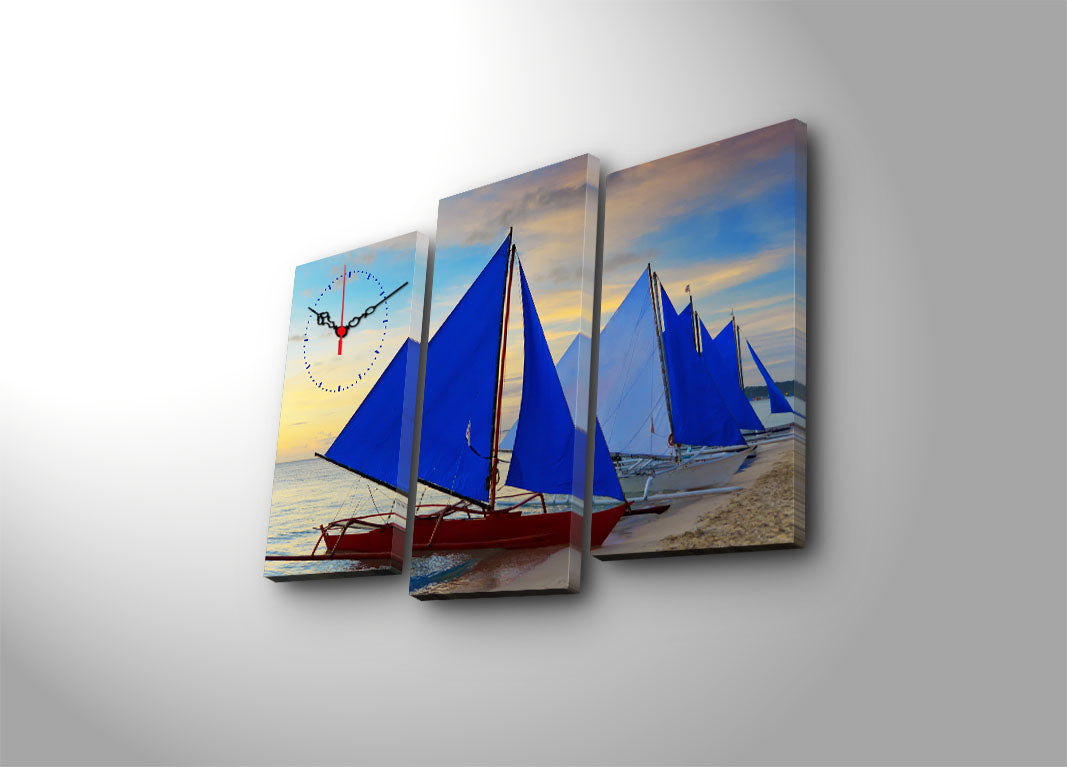 Relógio de Parede em Tela Decorativa Multicolorido – Conjunto 3 Peças, Tela de Camurça e Moldura de Madeira (66 x 45 cm)