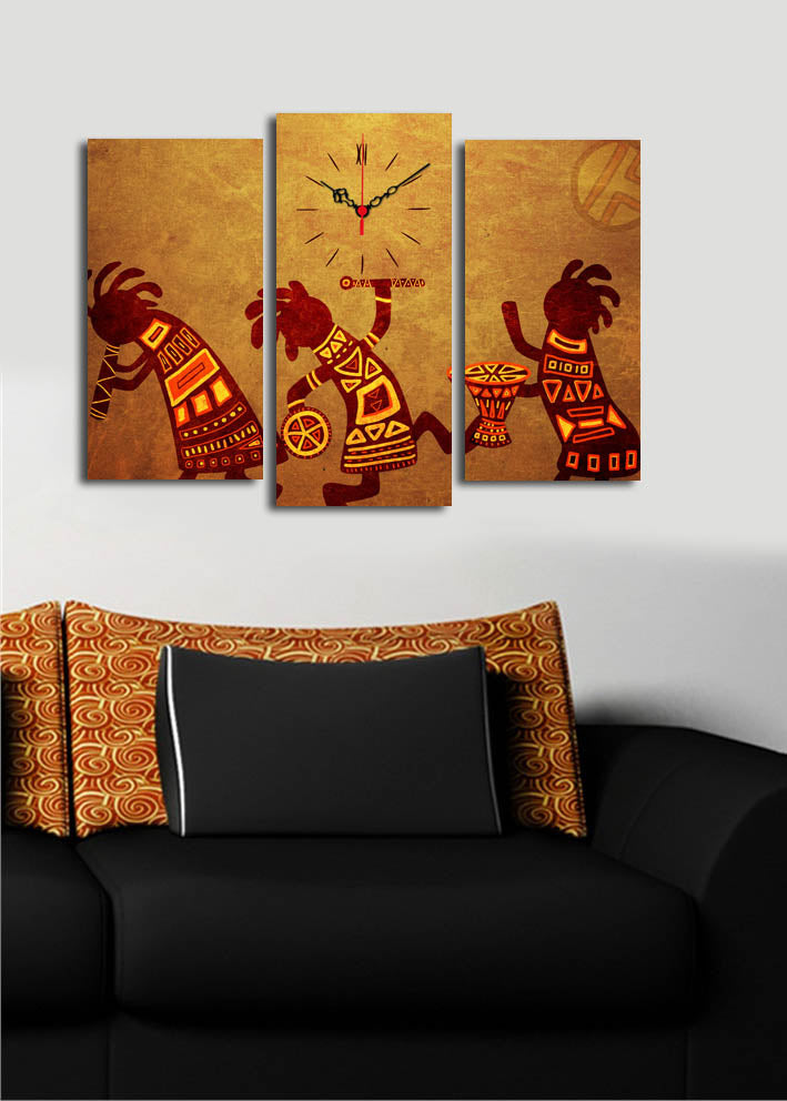 Relógio de Parede em Tela Suede Multicolor (3 Peças) 66x45 cm – Moldura de Madeira | 3PATCS-16
