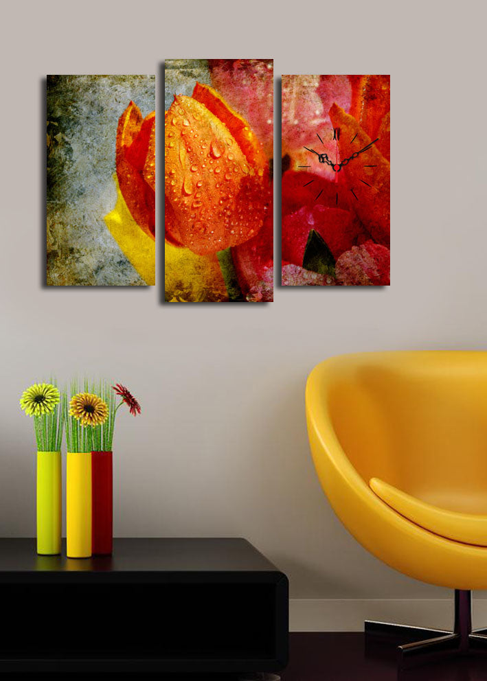 Relógio de Parede Decorativo em Tela Suede Multicolor – Conjunto de 3 Peças, Moldura 100% Madeira, 66 x 45 cm (3PATCS-22)