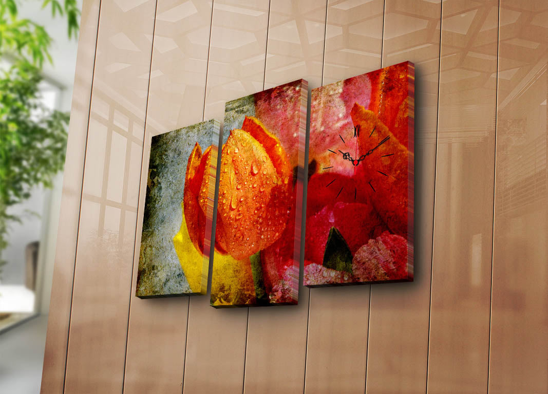 Relógio de Parede Decorativo em Tela Suede Multicolor – Conjunto de 3 Peças, Moldura 100% Madeira, 66 x 45 cm (3PATCS-22)