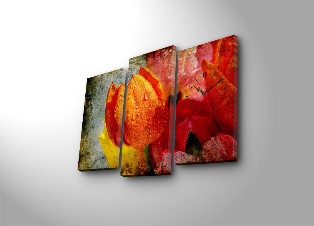 Relógio de Parede Decorativo em Tela Suede Multicolor – Conjunto de 3 Peças, Moldura 100% Madeira, 66 x 45 cm (3PATCS-22)