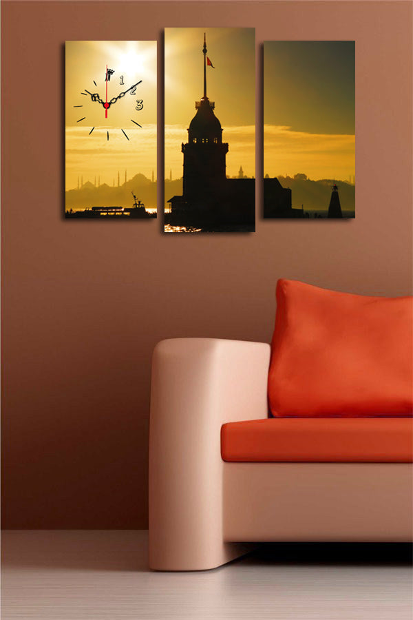 Relógio de Parede em Tela Decorativa 3 Peças, Multicolor, Suede, Moldura de Madeira, 66x45 cm