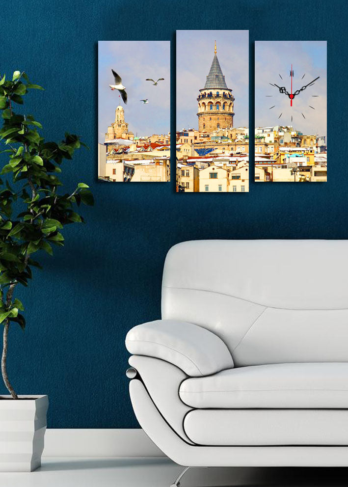 Relógio de Parede em Tela Decorativa 3 Peças Multicolor – Tela de Camurça 100% e Moldura de Madeira, 66 x 45 cm