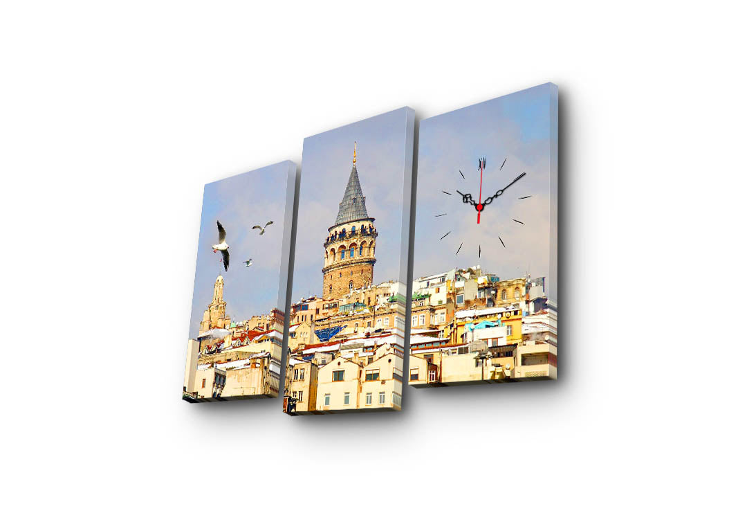 Relógio de Parede em Tela Decorativa 3 Peças Multicolor – Tela de Camurça 100% e Moldura de Madeira, 66 x 45 cm