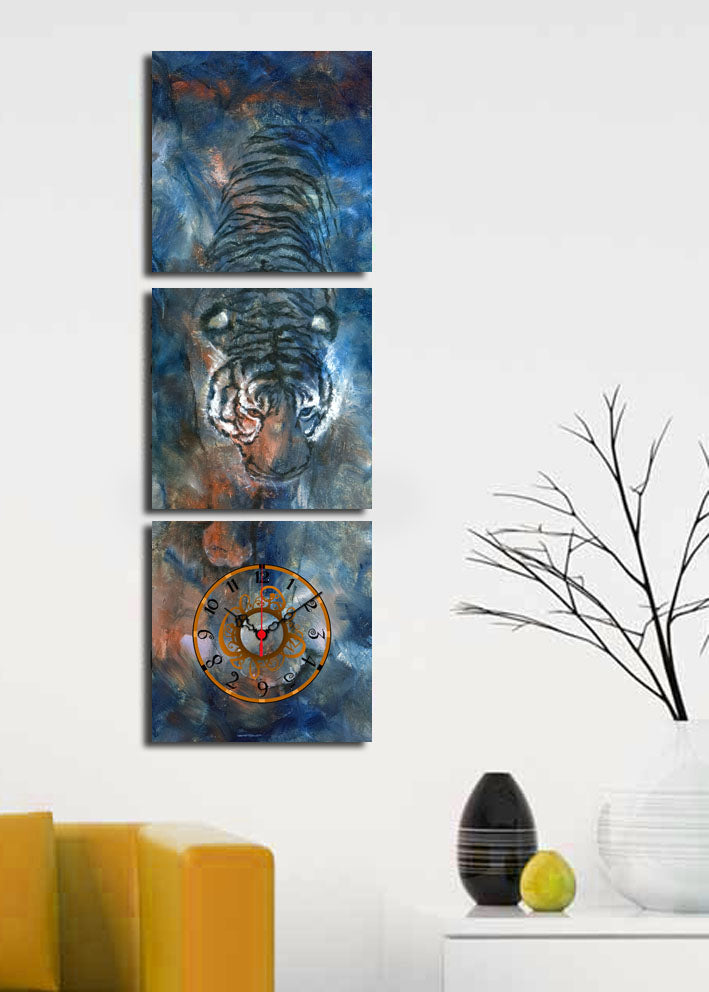 Relógio de Parede Decorativo em Tela Suede 100% – Conjunto 3 Peças Multicolor, 28x28 cm cada, Moldura em Madeira