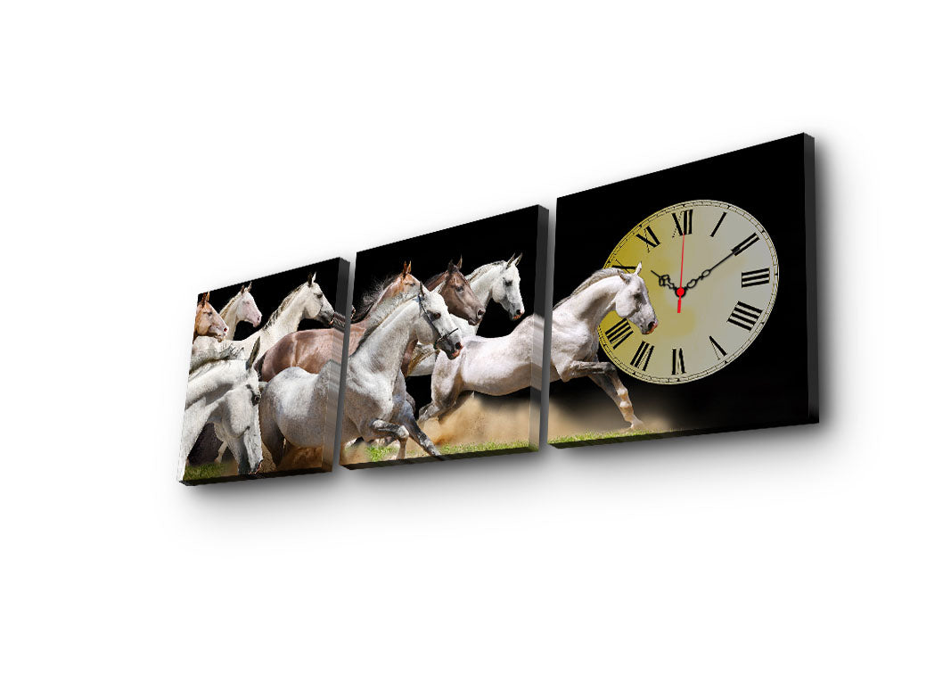 Relógio de Parede em Tela Suede Multicolor – Conjunto 3 Peças 28x28 cm (Total 90x28 cm) com Moldura de Madeira