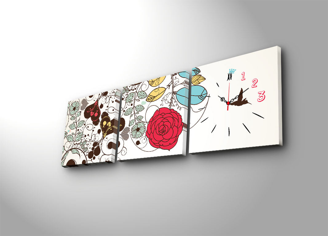 Relógio de Parede Decorativo em Tela Suede 100% – Multicolor, 3 Peças (28 x 28 cm), Total 90 x 28 cm, Moldura de Madeira 3 cm