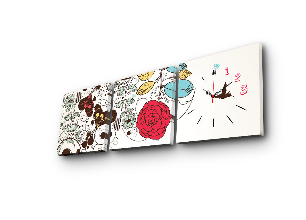 Relógio de Parede Decorativo em Tela Suede 100% – Multicolor, 3 Peças (28 x 28 cm), Total 90 x 28 cm, Moldura de Madeira 3 cm