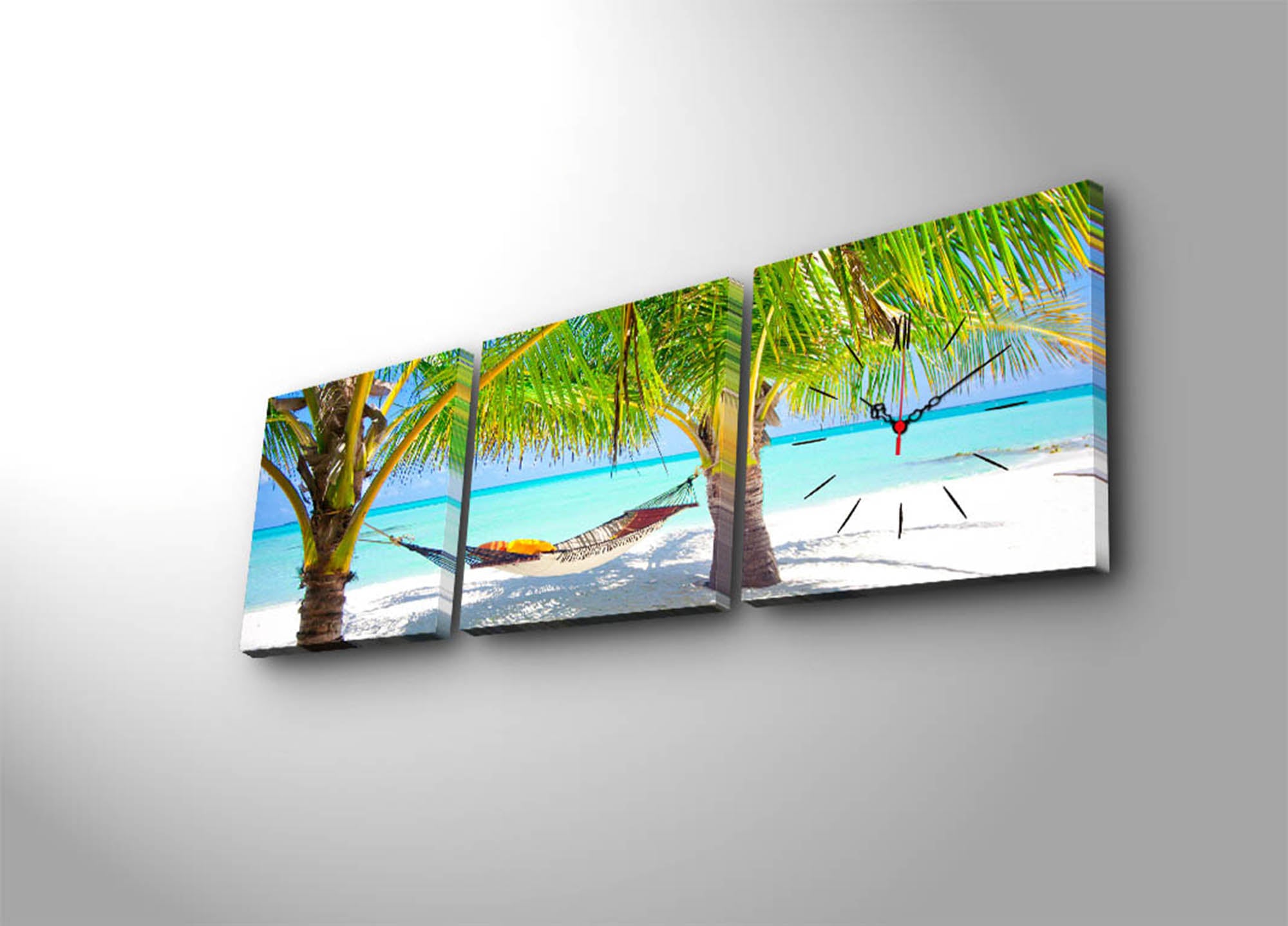 Relógio de Parede em Tela Decorativa 3 Peças, Multicolor, 28x28 cm cada (90x28 cm total), Tela Camurça 100%, Moldura de Madeira 3 cm