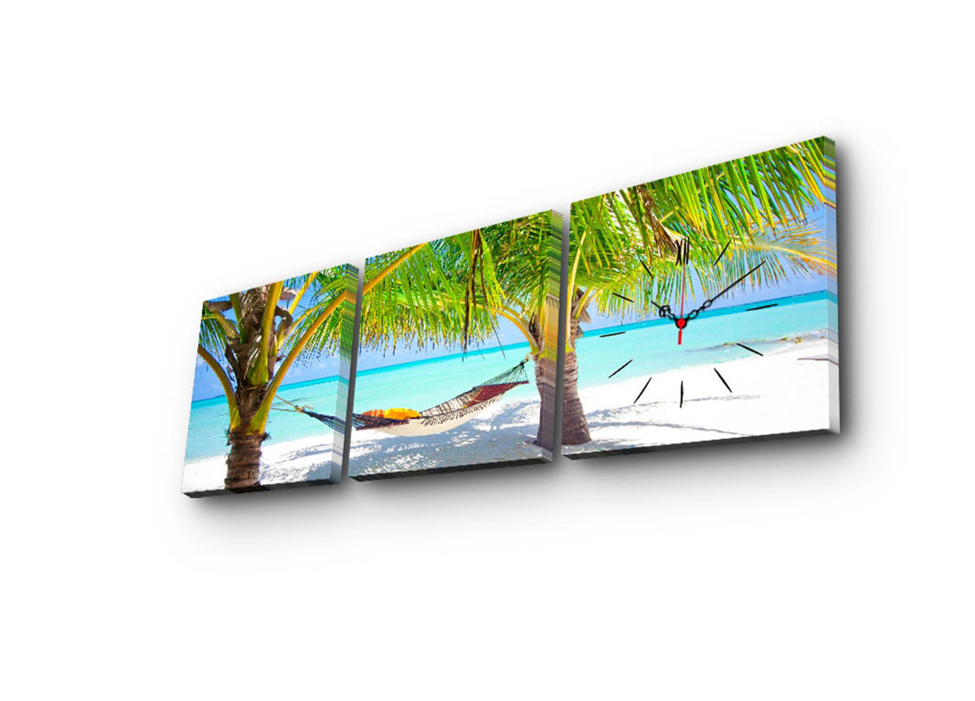 Relógio de Parede em Tela Decorativa 3 Peças, Multicolor, 28x28 cm cada (90x28 cm total), Tela Camurça 100%, Moldura de Madeira 3 cm