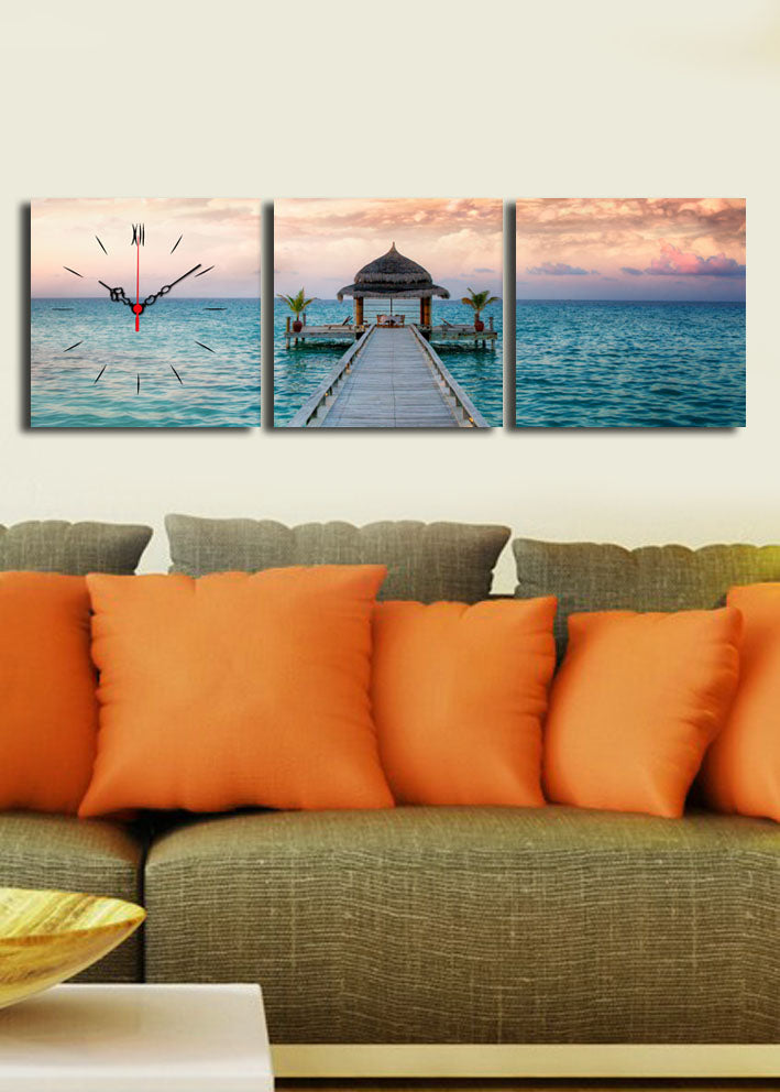 Relógio de Parede em Tela Decorativa 3 Peças Multicolor 28x28 cm (Total 90x28) – Tela Camurça 100% e Moldura de Madeira 3 cm