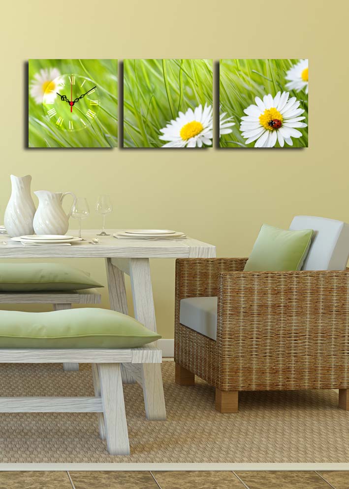 Relógio de Parede em Tela Decorativa (3 Peças) Multicolor — 28x28 cm cada, Moldura de Madeira 3 cm | 3P2828CS-9