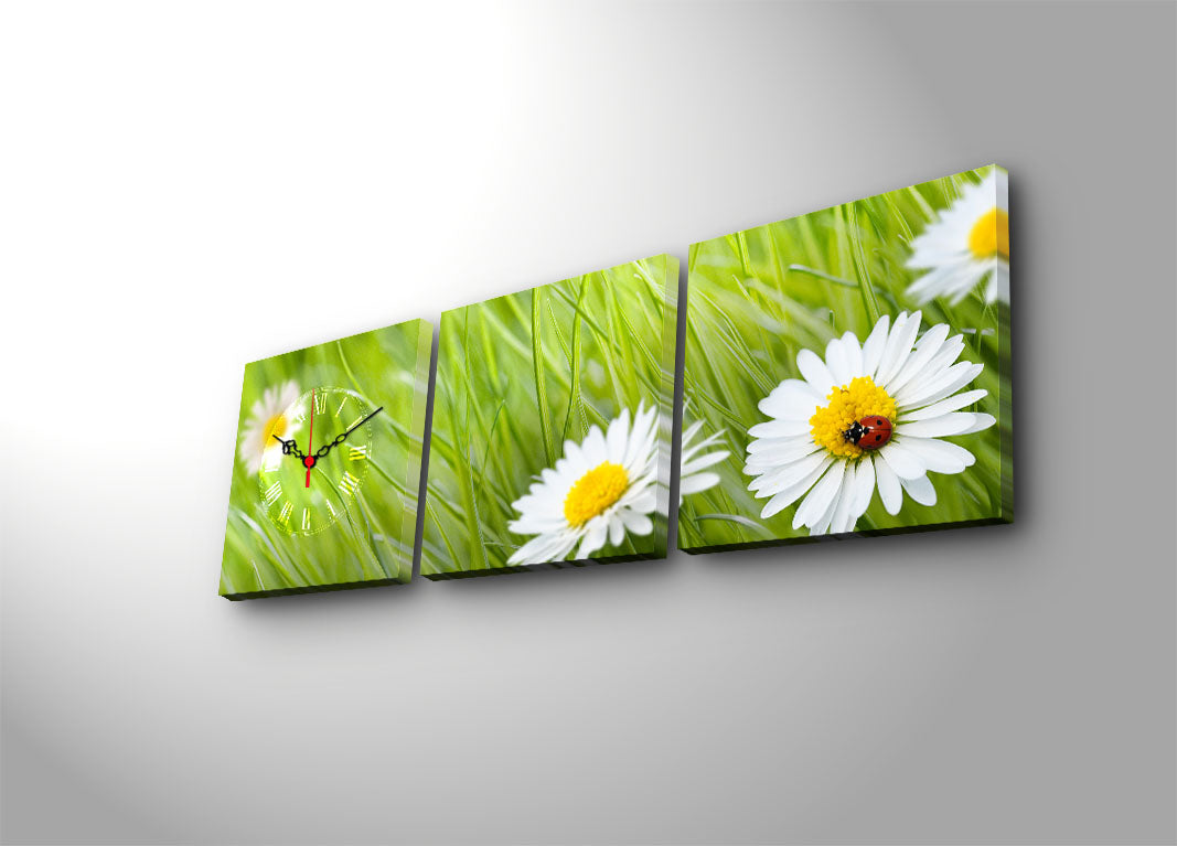 Relógio de Parede em Tela Decorativa (3 Peças) Multicolor — 28x28 cm cada, Moldura de Madeira 3 cm | 3P2828CS-9