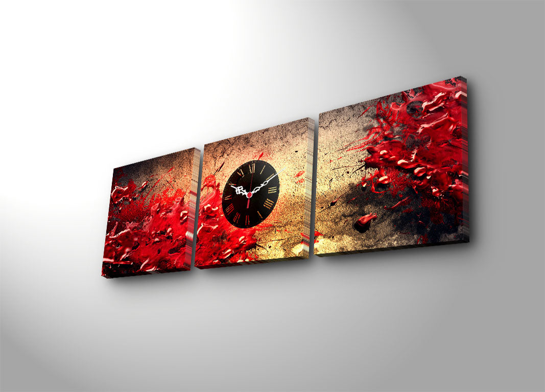 Relógio de Parede em Tela (3 Peças) Multicolor — Suede 100% e Moldura 100% Madeira, 28x28 cm cada (90x28 cm total)