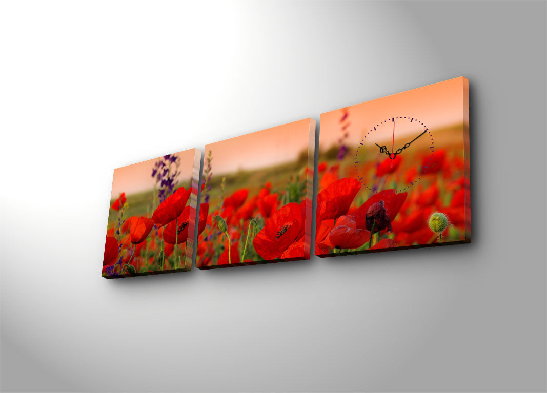 Relógio de Parede em Tela Suede 100% – Conjunto 3 Peças Multicolor, 28x28 cm (cada), Total 90x28 cm, Moldura de Madeira 3 cm – 3P2828CS-11