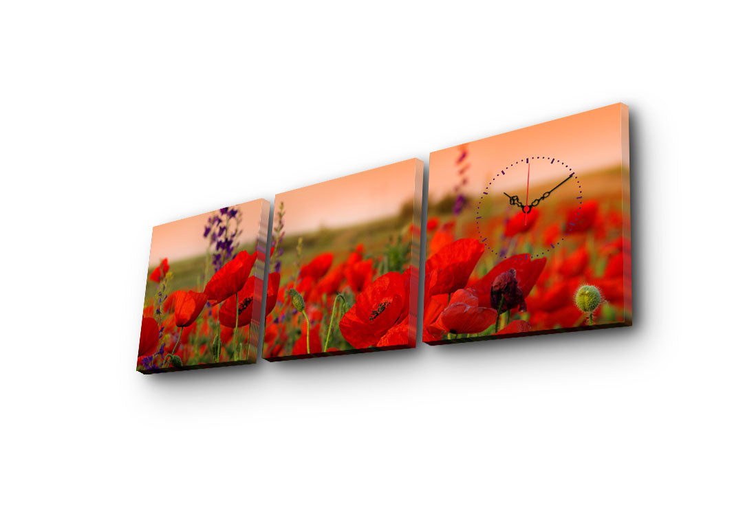 Relógio de Parede em Tela Suede 100% – Conjunto 3 Peças Multicolor, 28x28 cm (cada), Total 90x28 cm, Moldura de Madeira 3 cm – 3P2828CS-11