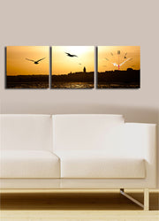 Relógio de Parede em Tela Decorativa (3 Peças) Multicolor – Suede 100% com Moldura de Madeira 3 cm (28x28 cm cada, 90x28 cm total)