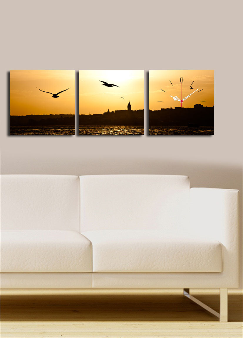 Relógio de Parede em Tela Decorativa (3 Peças) Multicolor – Suede 100% com Moldura de Madeira 3 cm (28x28 cm cada, 90x28 cm total)