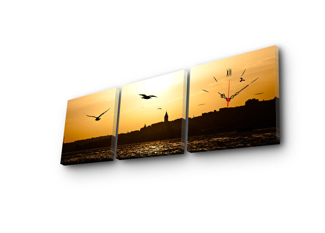 Relógio de Parede em Tela Decorativa (3 Peças) Multicolor – Suede 100% com Moldura de Madeira 3 cm (28x28 cm cada, 90x28 cm total)