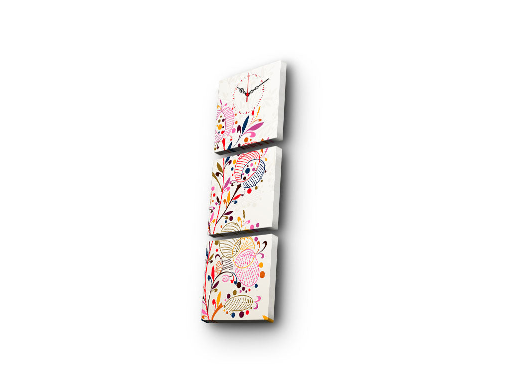 Relógio de Parede em Tela (3 Peças) 28x28 cm – Multicolor – Canvas Suede 100% e Moldura de Madeira