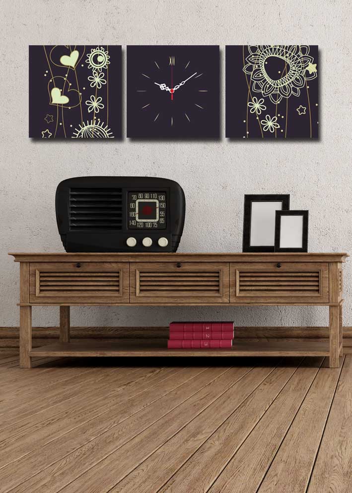 Relógio de Parede Decorativo em Tela Suede – Conjunto 3 Peças Multicolor (28x28 cm cada, 90x28 cm total) com Moldura de Madeira 3 cm