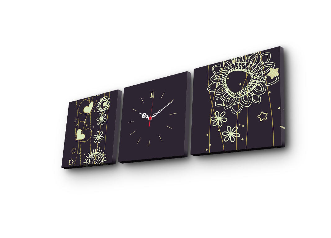 Relógio de Parede Decorativo em Tela Suede – Conjunto 3 Peças Multicolor (28x28 cm cada, 90x28 cm total) com Moldura de Madeira 3 cm