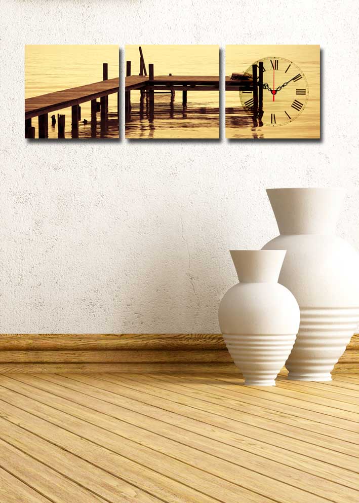Relógio de Parede em Tela Decorativa Multicolor (3 Peças) 28x28 cm cada, Total 90x28 cm, Moldura em Madeira — 3P2828CS-16