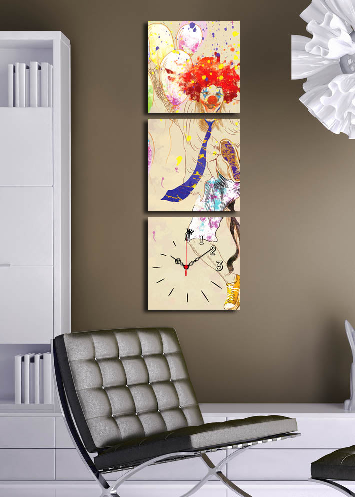 Relógio de Parede em Tela Decorativa Multicolor (3 Peças) — 28x28 cm cada, Tela 100% Camurça, Moldura de Madeira 3 cm