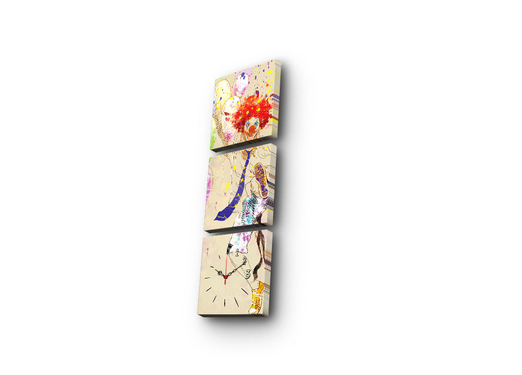 Relógio de Parede em Tela Decorativa Multicolor (3 Peças) — 28x28 cm cada, Tela 100% Camurça, Moldura de Madeira 3 cm
