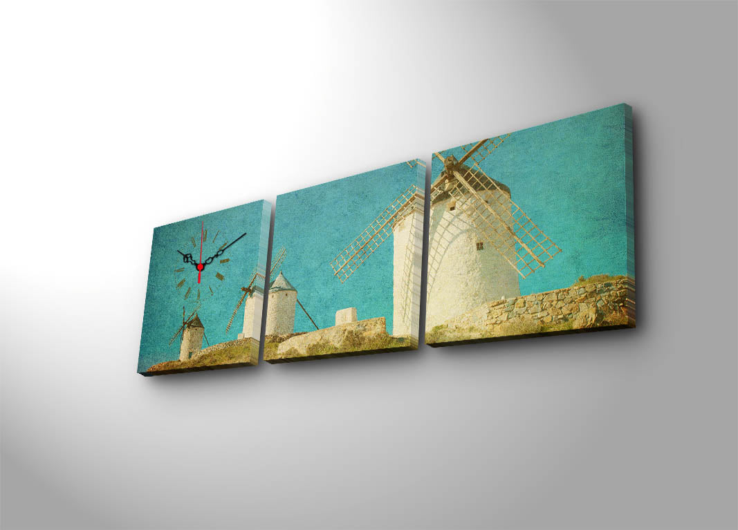 Relógio de Parede em Tela Suede (3 Peças) – Multicolorido, Moldura 100% Madeira, 28x28 cm cada (Total 90x28)