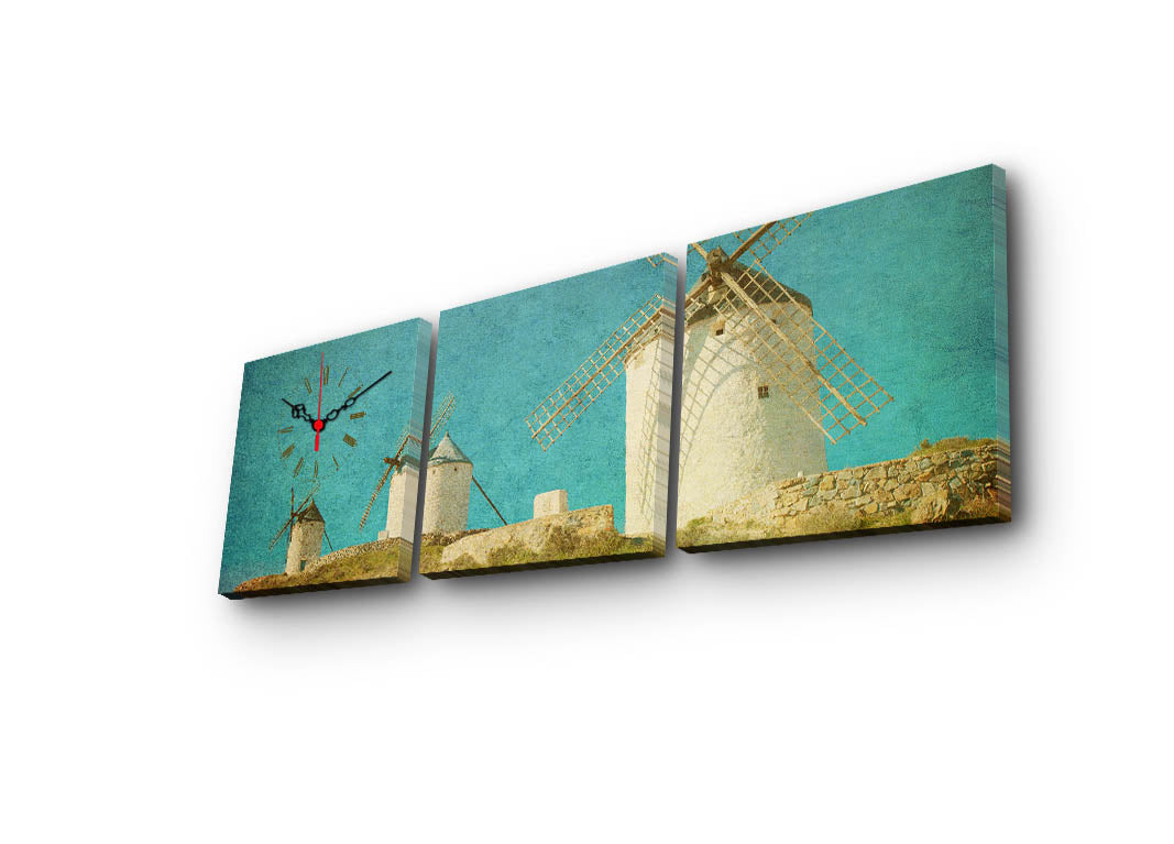 Relógio de Parede em Tela Suede (3 Peças) – Multicolorido, Moldura 100% Madeira, 28x28 cm cada (Total 90x28)