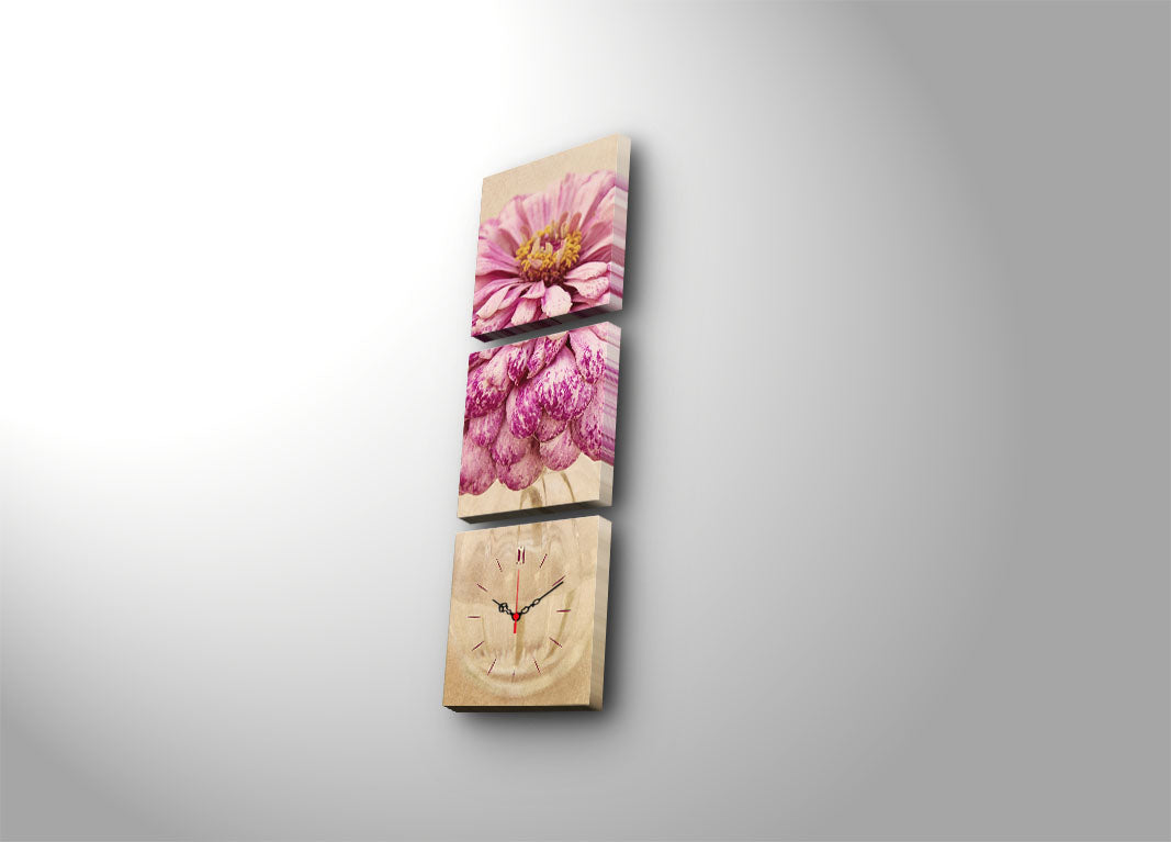 Relógio de Parede Decorativo em Tela, 3 Peças Multicor – 3x 28x28 cm (90x28 cm), Suede 100% e Moldura de Madeira 3 cm
