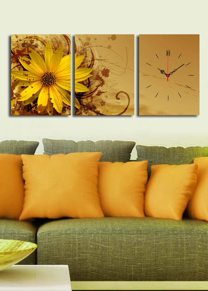 Relógio de Parede em Tela Decorativa 3 Peças Multicolor – Suede 100%, Moldura 100% Madeira (3 cm), 30x40 cm cada, 96x40 cm total