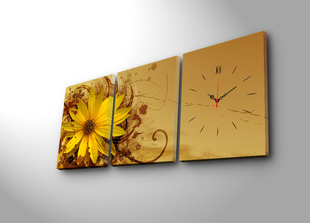 Relógio de Parede em Tela Decorativa 3 Peças Multicolor – Suede 100%, Moldura 100% Madeira (3 cm), 30x40 cm cada, 96x40 cm total
